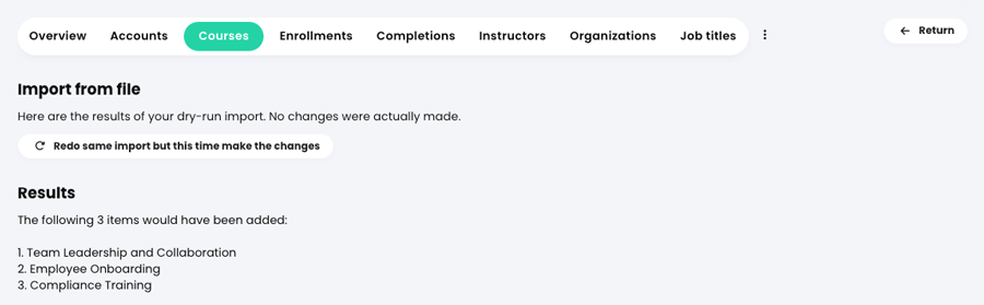 Admin, Import, Courses tab, Import results