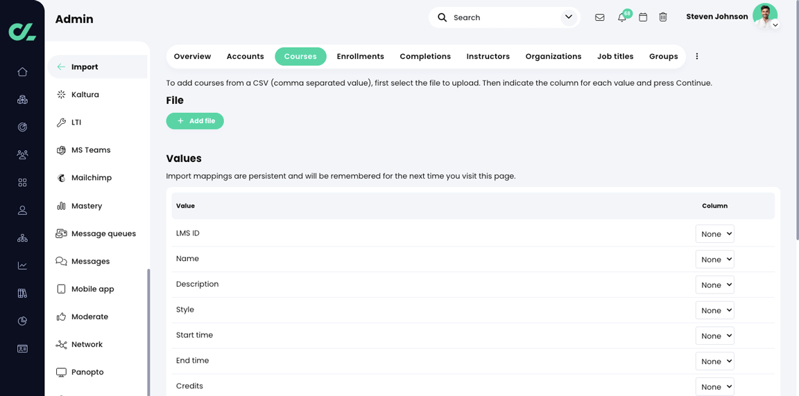 Admin, Import, Courses tab 