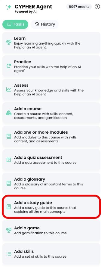 CYPHER Agent menu, Add a study guide highlighted