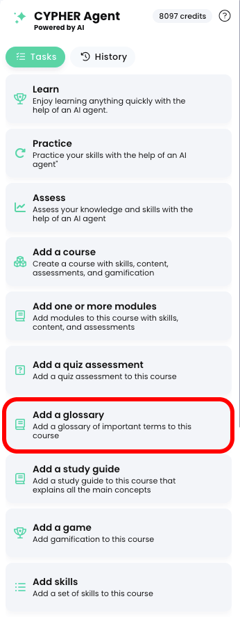 CYPHER Agent menu, Add a glossary highlighted