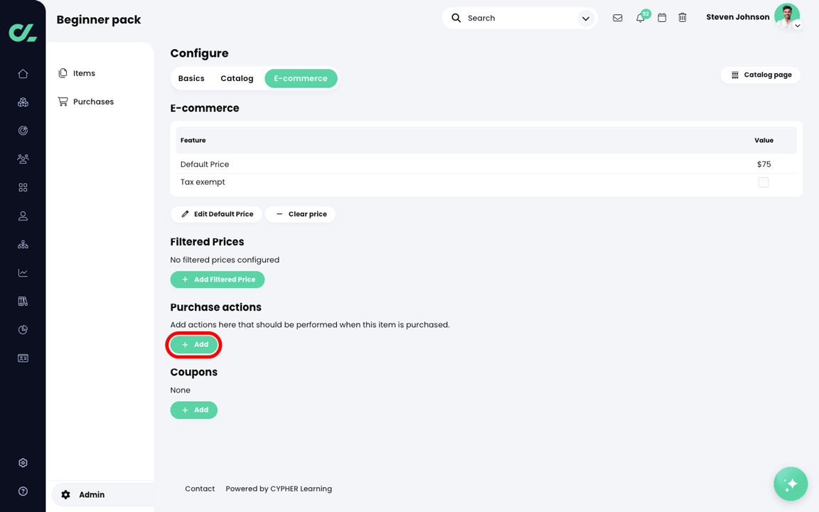 Admin, E-commerce, Bundle, Configure page, E-commerce tab with the Add button highlighted in the Purchase Actions section
