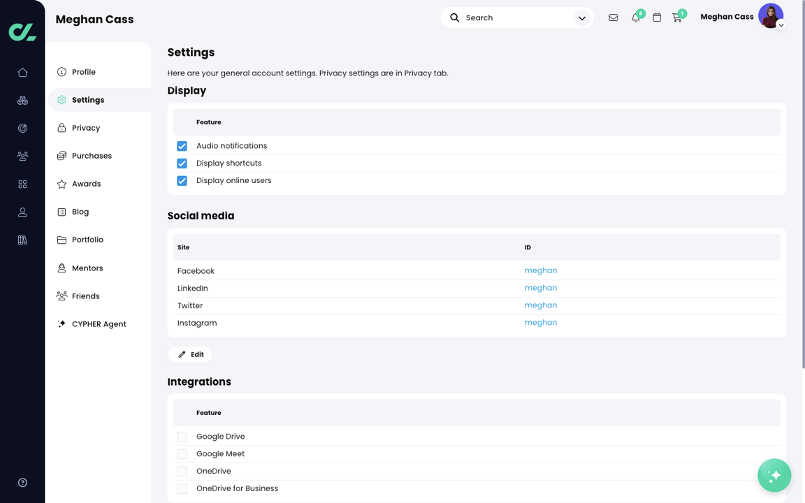 User profile, Settings page