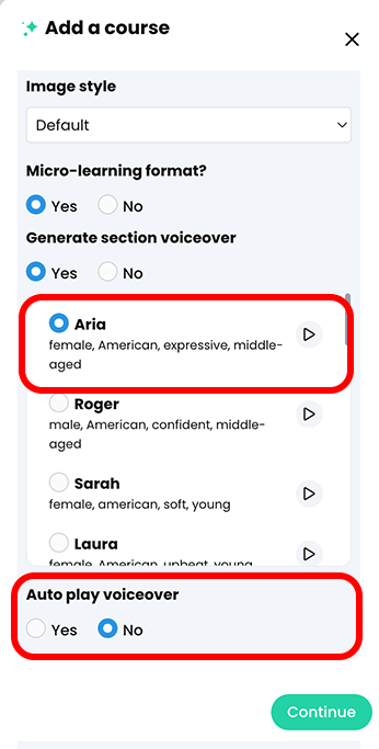 CYPHER Agent menu, General tab, Generate section voiceover yes selected, with voiceover options highlighted and the Auto play voiceover section highlighted