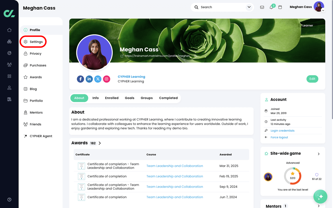 User Profile page with the Settings tab highlighted on the profile navigation menu