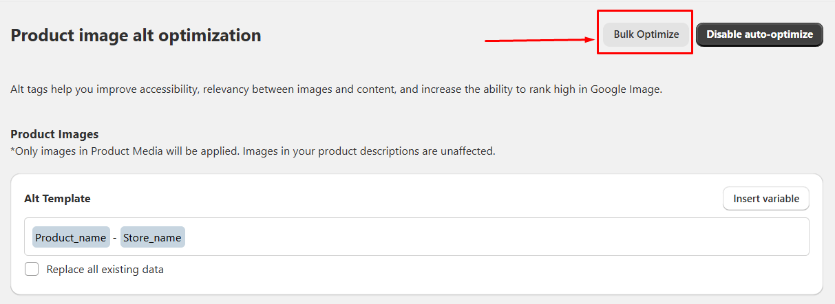 Product image alt optimization in Tapita SEO & Speed