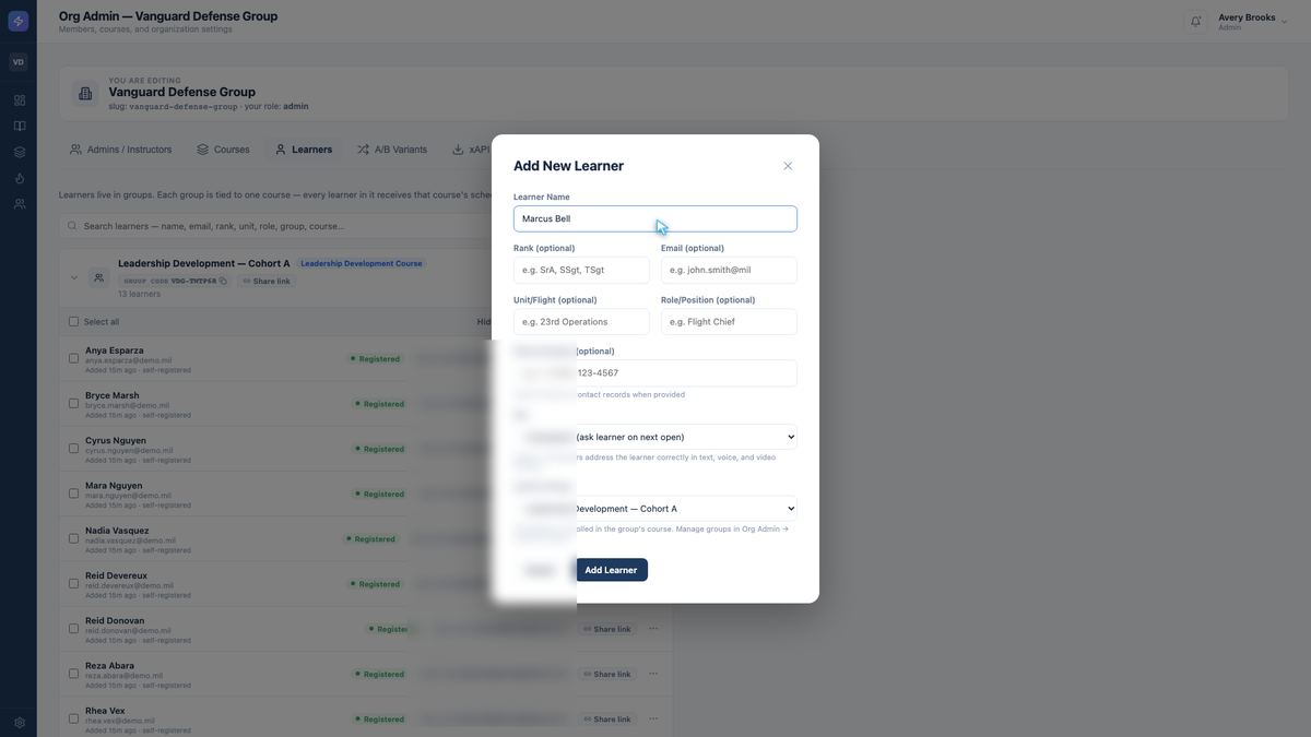 Learner Name field filled in the dialog