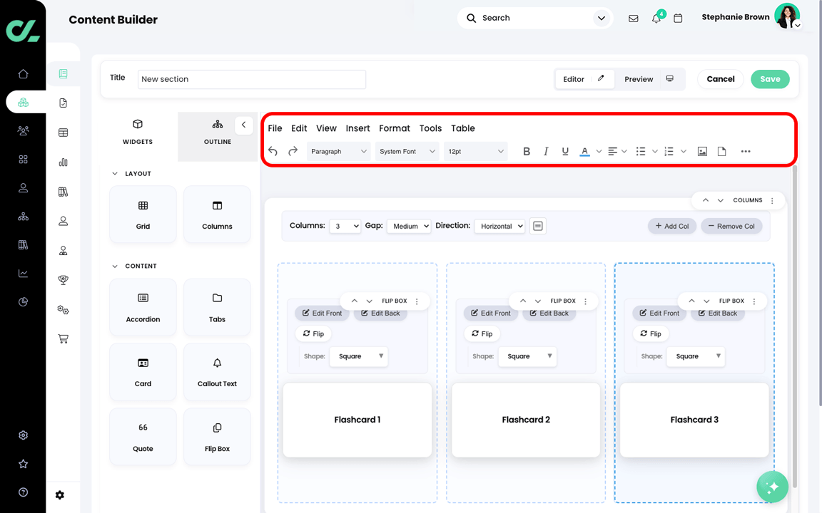 Course, Module, page section in edit mode with the Toolbar highlighted
