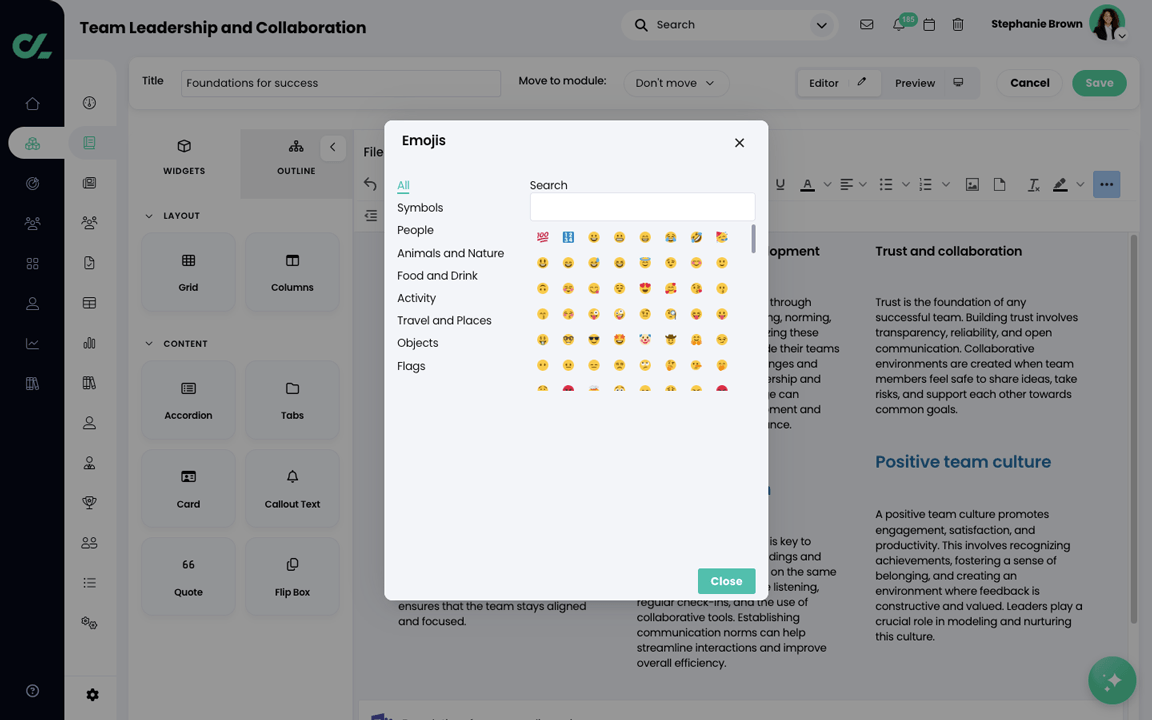 Course, Module, Edit section with the Emoji pop-up screen