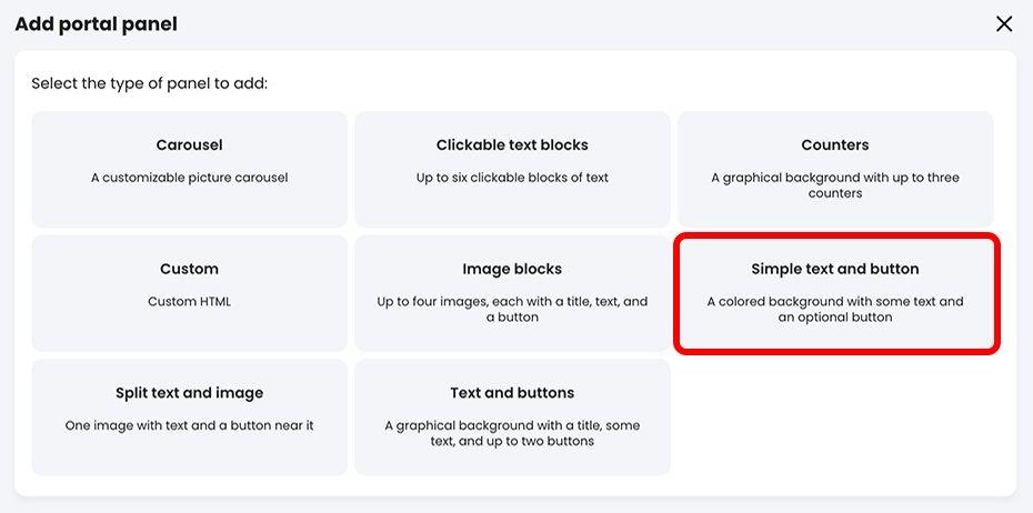 Add portal panel pop-up with the 'Simple text and button' button highlighted