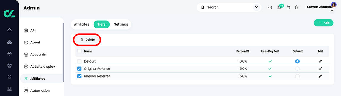 Admin, Affiliates, Tiers tab with two tiers selected and the Delete button highlighted