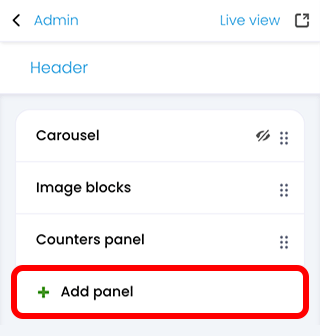 Portal visual editor, with the Add panel option highlighted