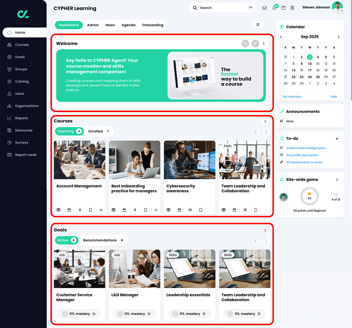 Home dashboard with the banner widget, courses widget, and goals widgets highlighted