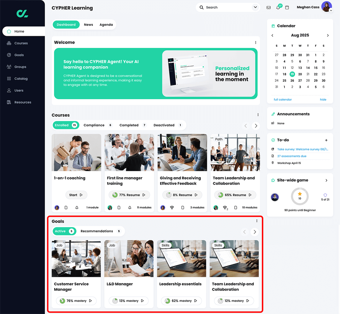 Learner Dashboard with the Goals widget highlighted