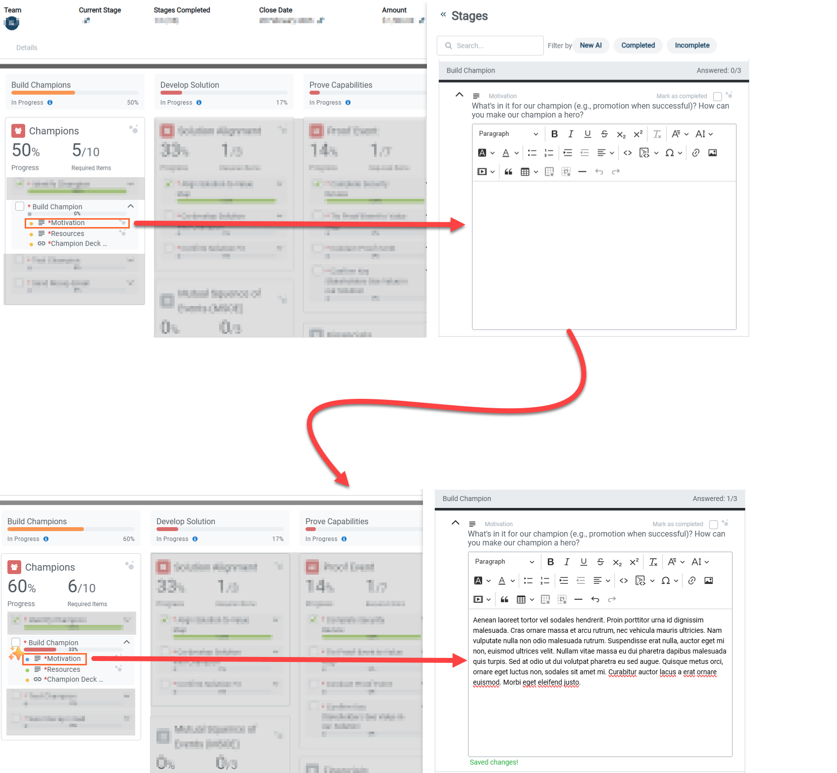 second screenshot of status tracking for Notes and Questions in a sales process dashboard 