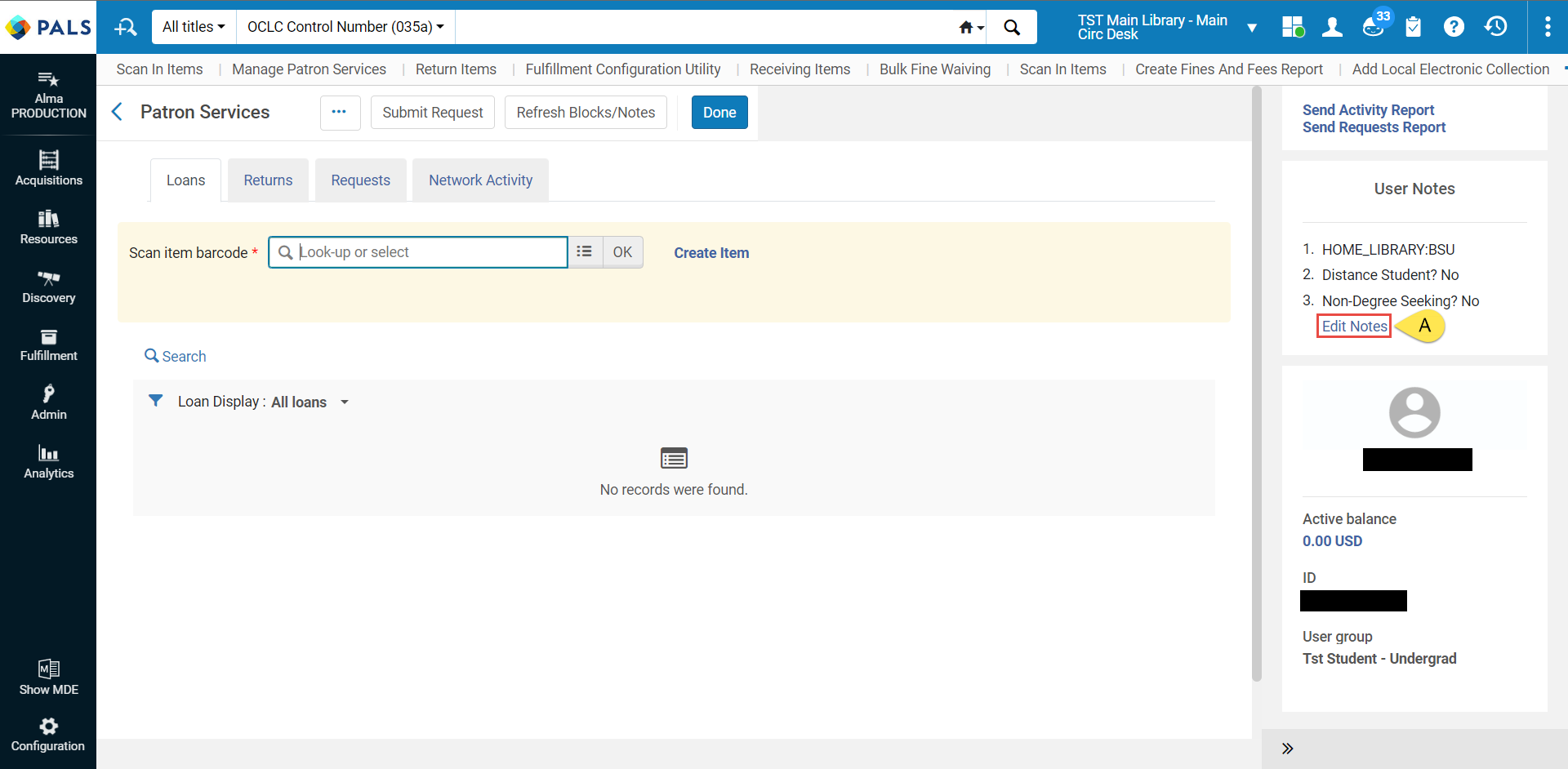 Screenshot of Patron Services Page with Edit Notes highlighted by red box and yellow arrow A