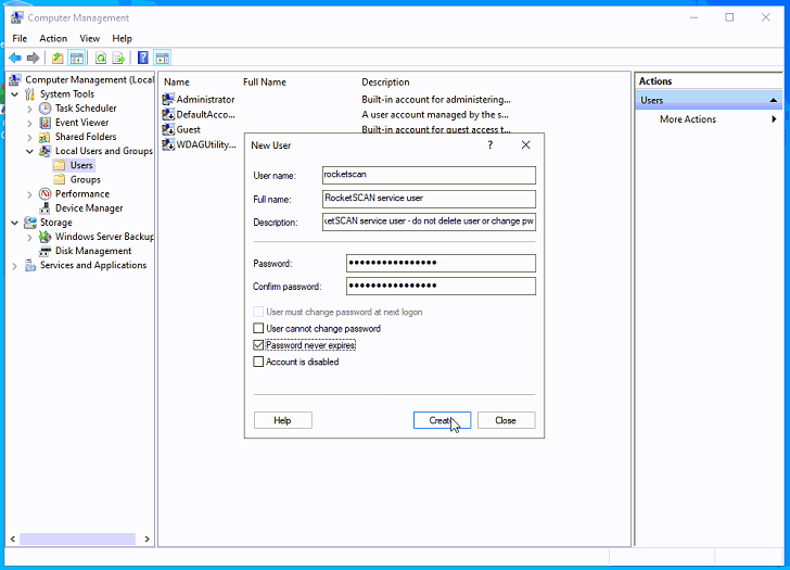 Windows Computer Management interface for creating a new user.