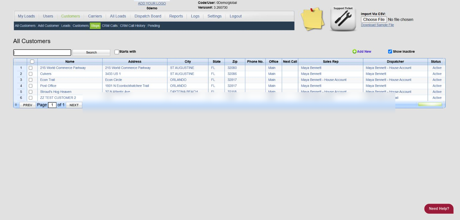 0Demo Customer Stops list with sample stop rows redacted