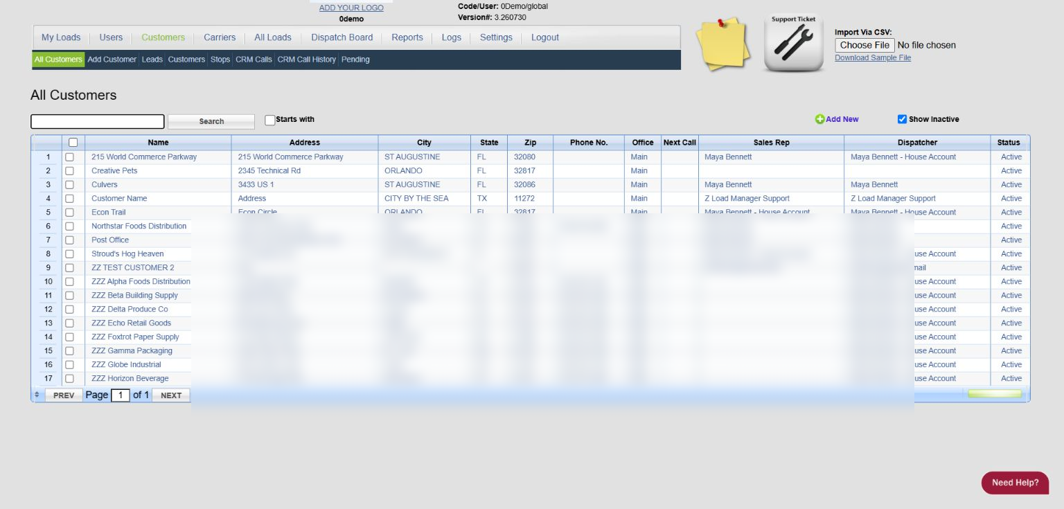 0Demo Customers screen showing customer list and Add Customer navigation with customer data masked