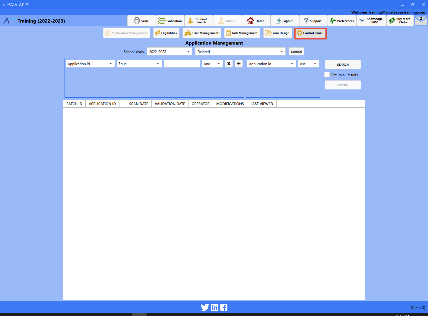 Strata Apps Application Management interface with the location of the Control Panel button highlighted.