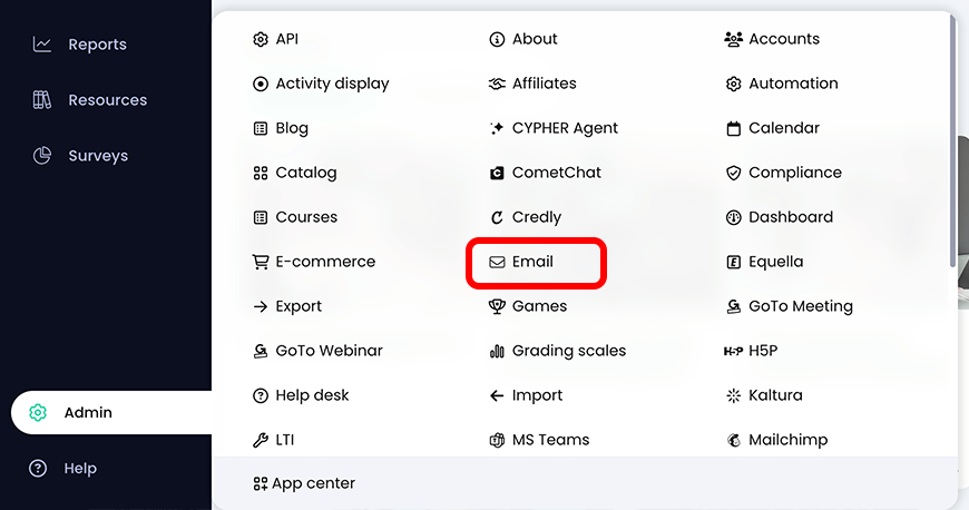 Admin fly-out menu with Email highlighted