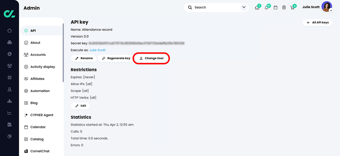 Admin, specific API key page with the Change User button highlighted