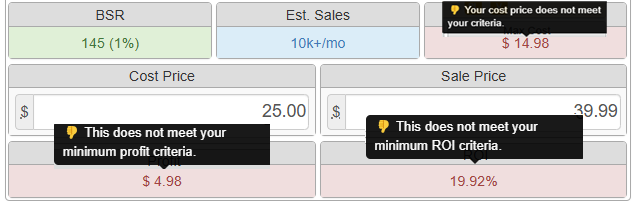 SellerAmp SAS Quick Info panel showing unfulfiled minimum profit and minimum ROI configured in Settings