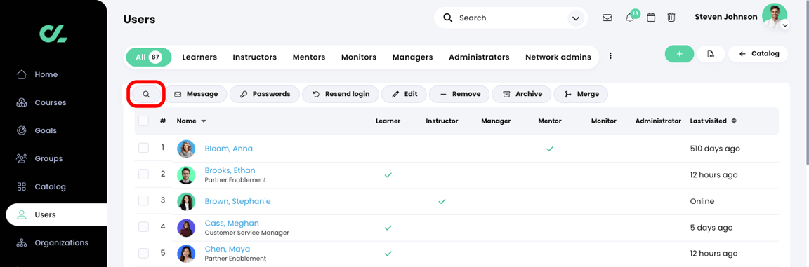 Users, All tab with the Search icon highlighted