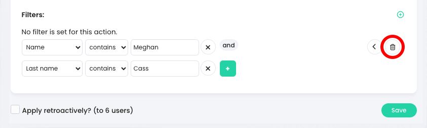 Award badge pop-up with two filter conditions and the Delete button highlighted