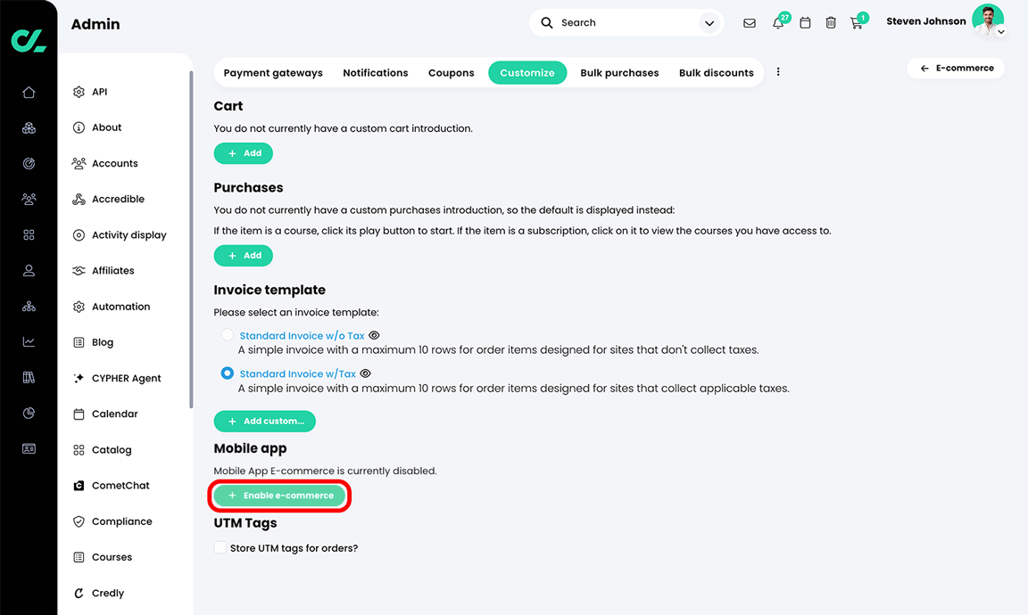 Admin, E-commerce, Customize tab with the Enable e-commerce button highlighted in the Mobile app section 