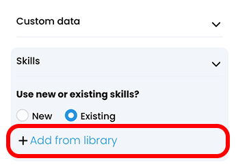 CYPHER Agent menu, Skills section with Existing selected and the Add from library button highlighted