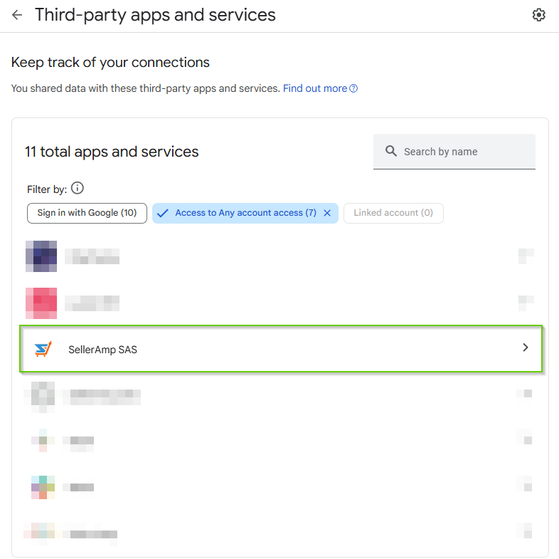 Locating SellerAmp SAS in Google's connected apps list for removing access