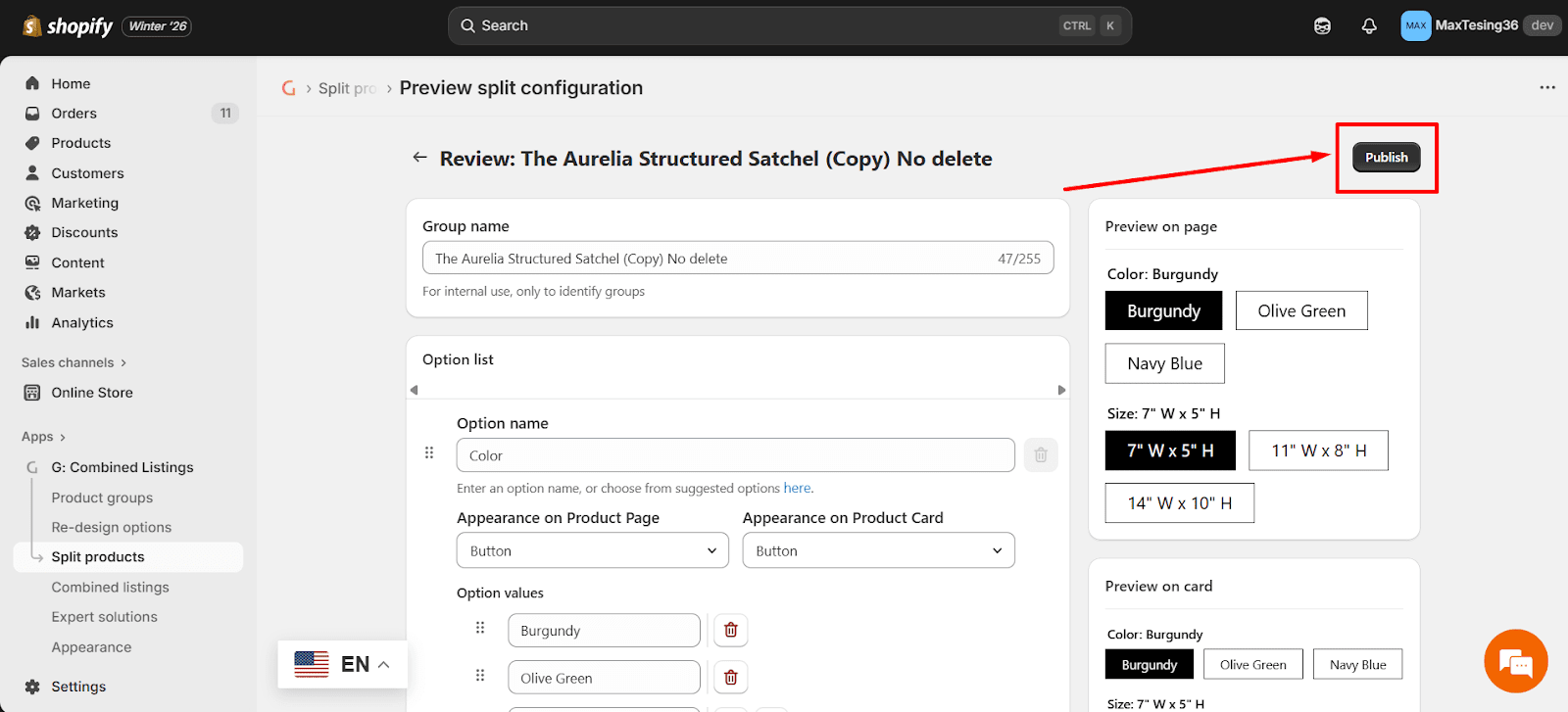 After configuring, click Publish.
