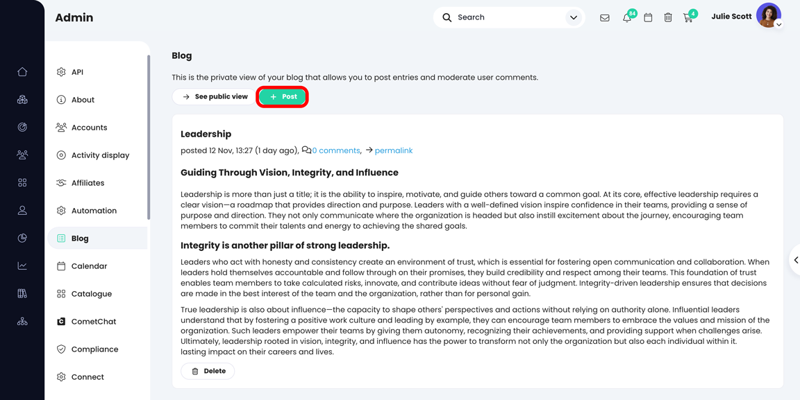 Admin, Blog page with the Post button highlighted