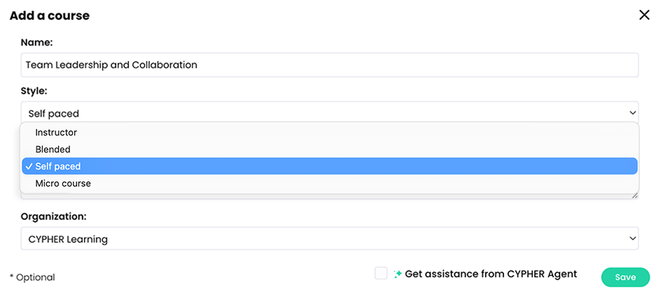 Add a course pop-up with the Style drop-down active and Self paced selected