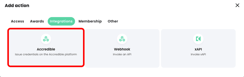Add action pop-up, Integrations tab with the Accredible button highlighted