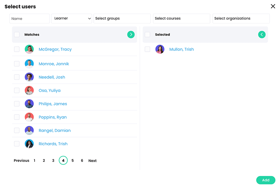Select users pop-up with one learner added to the Selected column