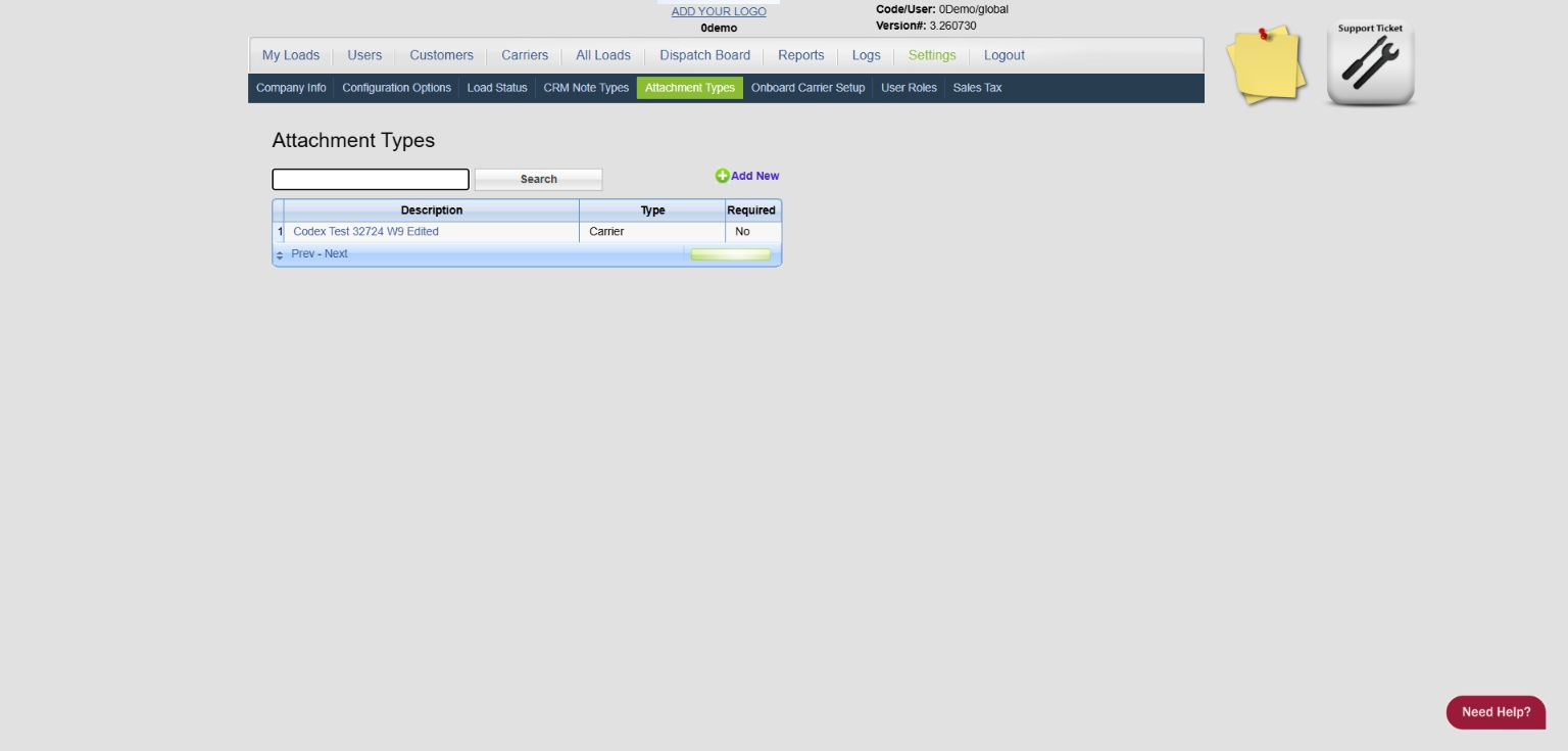 0Demo Attachment Types settings screen for reviewing document labels