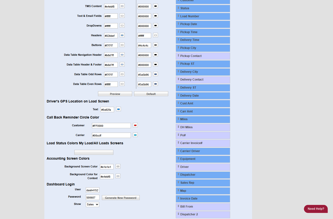 0Demo Display settings showing the carrier driver column selected