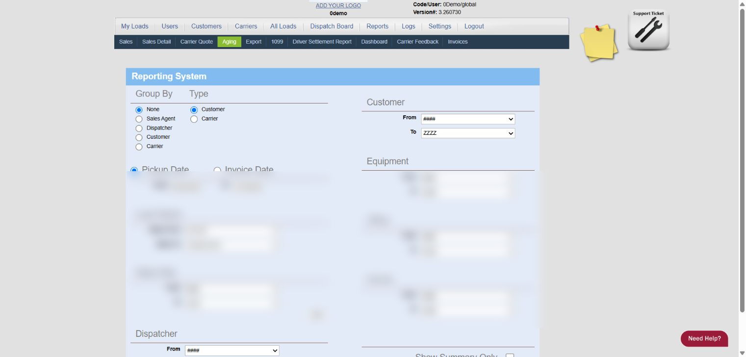 0Demo Aging report screen with sample customer data redacted
