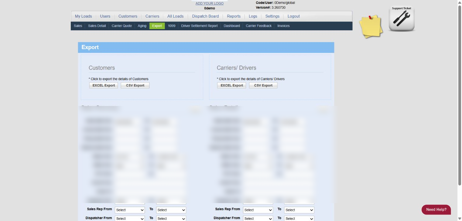 0Demo Reports export screen with report filter and export controls