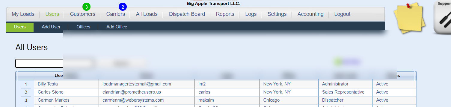 0Demo user setup list with user details redacted