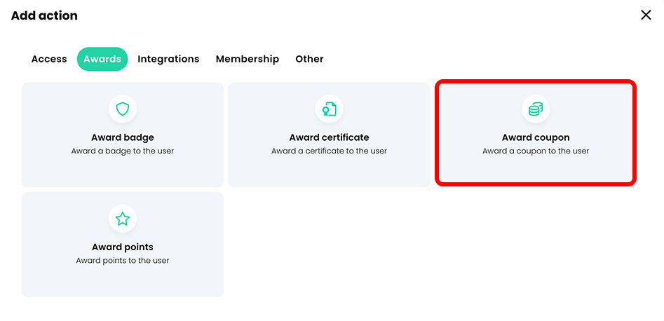 Add action pop-up, Awards tab with the Award coupon button highlighted