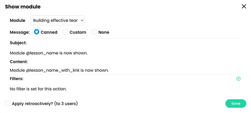 Show module pop-up with a module selected and a canned message