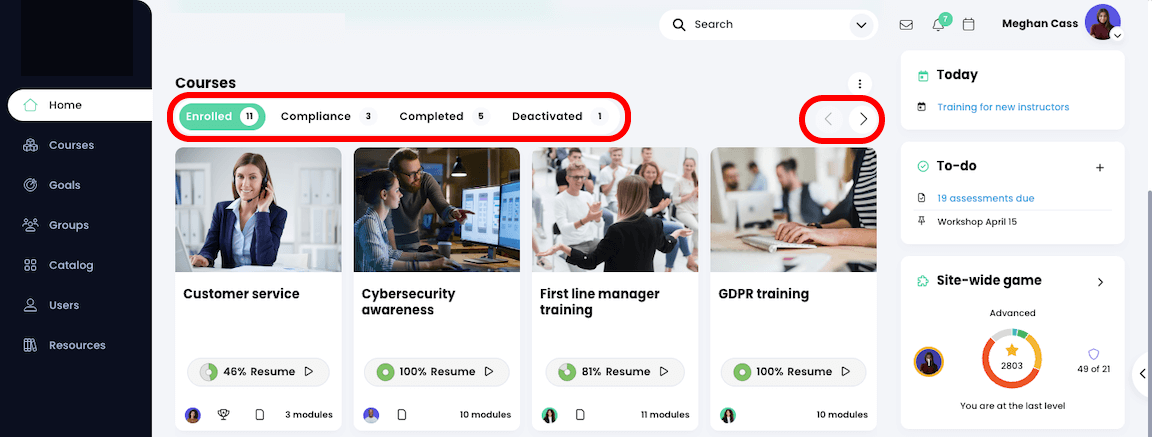 Learner home page dashboard, Courses widget with the Enrolled, Compliance, Completed, and Deactivated tabs and navigation arrows highlighted