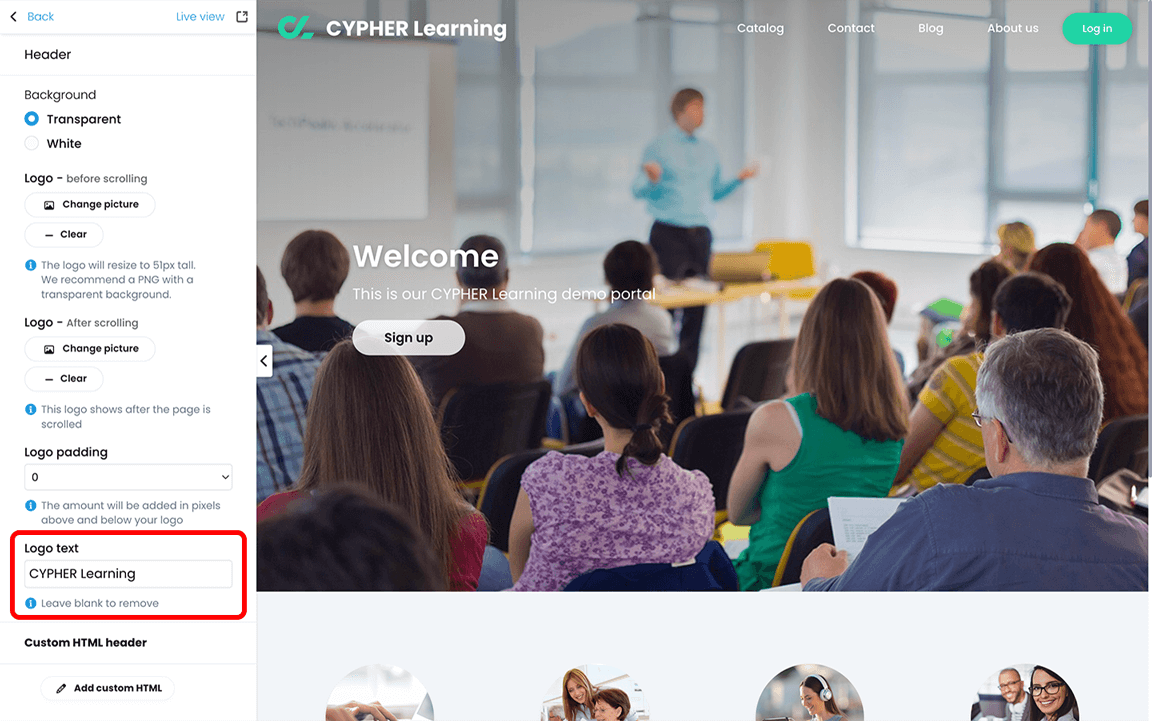 Portal visual editor, Header menu with the Logo text section highlighted