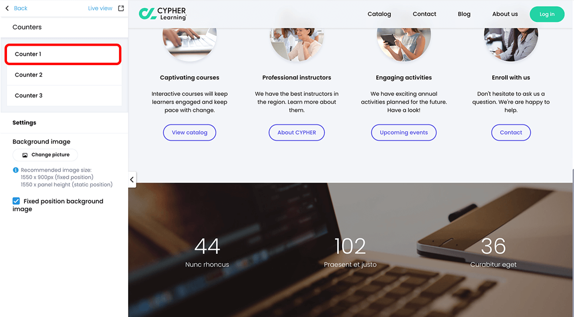 Portal visual editor, Counters menu with the 'Counter 1' option highlighted