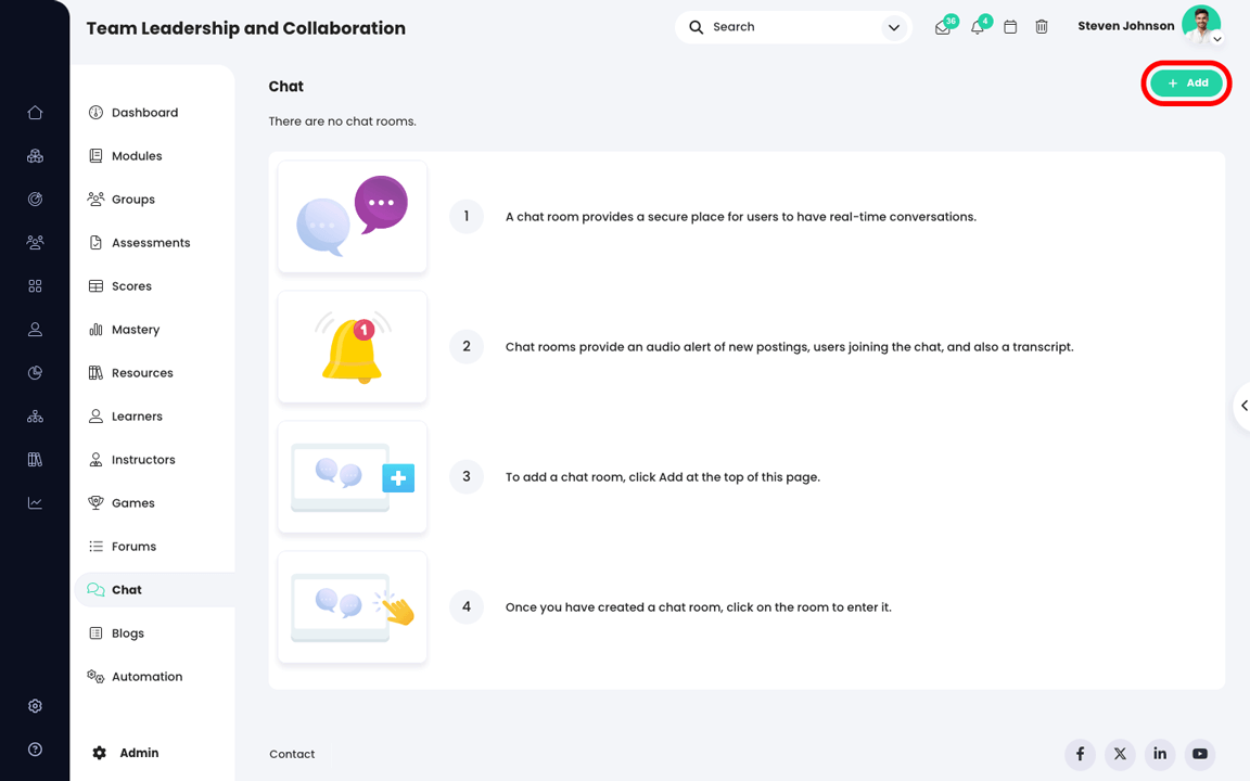 Course, Chat overview page with the Add button highlighted