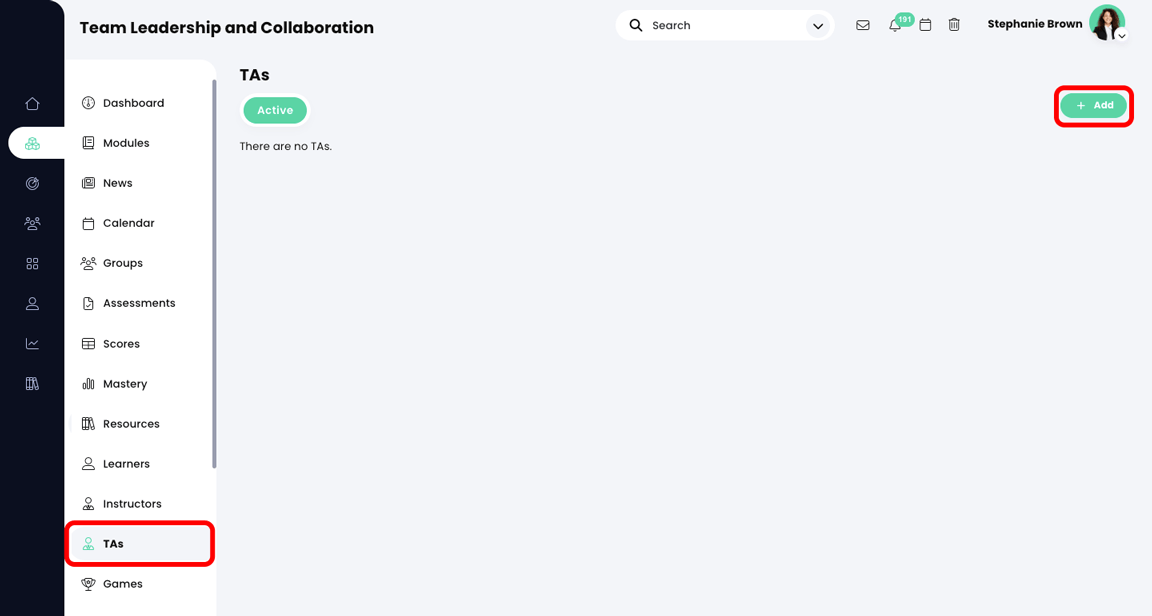 Course, TAs page with the Add button highlighted and the TAs option on the course navigation menu highlighted