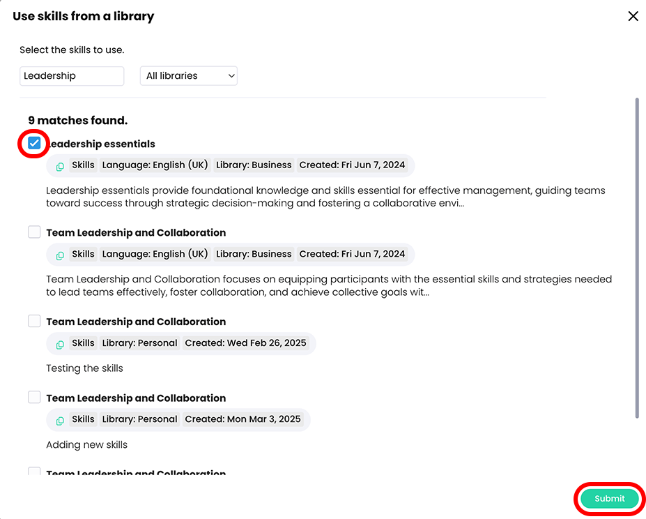 Use skills from a library pop-up, with Leadership essentials checkbox selected and highlighted and the Submit button highlighted