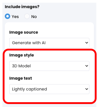 CYPHER Agent menu, Generate with AI selected as the Image source with the Image style and Image text drop-down menus highlighted
